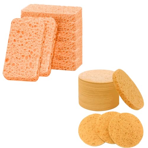 Natural Dish Sponge & Facial Sponges - Durable, Scratch-Free, Biodegradable - 12 Pack + 50 Count