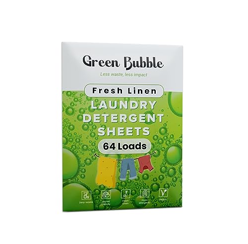 Green Bubble Laundry Detergent Sheets - Plant-Based, Fresh Linen Scent, Biodegradable - 64 Loads