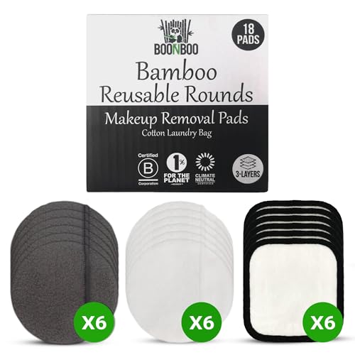 BOONBOO Reusable Makeup Removal Pads - 3-Layer Bamboo & Cotton, 18 Pieces with Laundry Bag