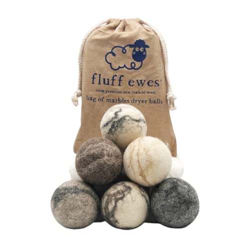 Fluff Ewes Wool Dryer Balls - Natural Fabric Softener, Hypoallergenic, 6 Pack, Marble