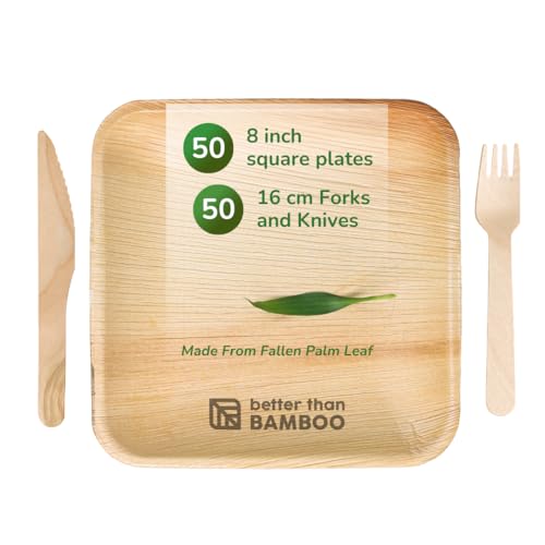 Better than Bamboo Palm Leaf Plates - 100% Compostable, Heavy Duty Set with Cutlery - 150 PCs