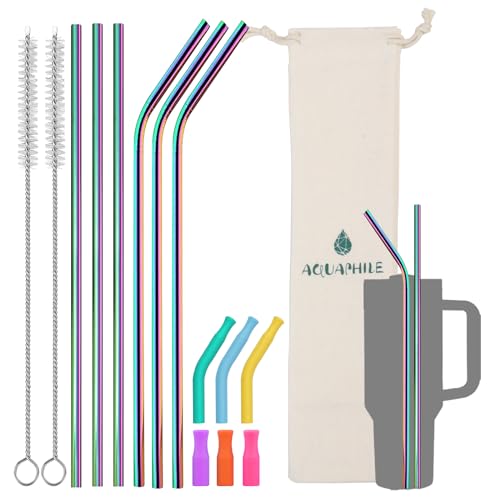 AQUAPHILE Stainless Steel Straws - 12" Extra Long, Durable, Reusable with Silicone Tips & Brush