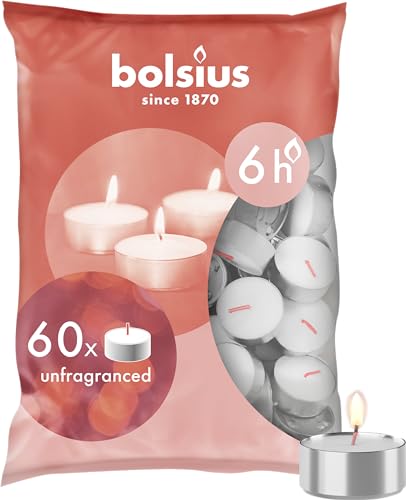 Bolsius Tealight Candles - Long-Lasting Flame, Natural Vegan Wax, Unscented - Pack of 60