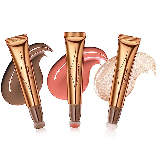 Liquid Contour Beauty Wand Set - Long-Lasting Blush & Highlighter, Silky Cream Sticks - 3 Pcs