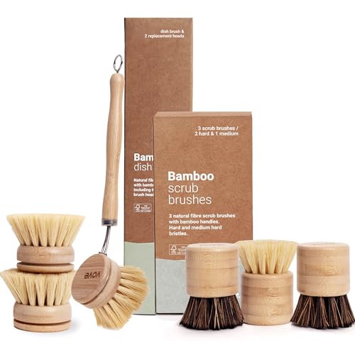 Vove Cleaning Essentials Set - Bamboo Dish & Scrub Brushes with 3 Replacement Heads