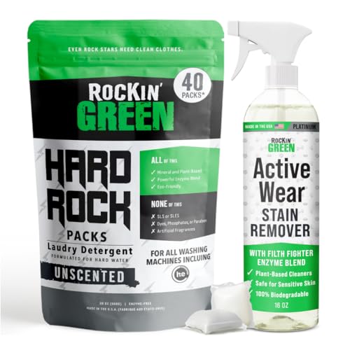 Rockin' Green Laundry Pods - Tough Stain Remover, Unscented, Plant-Based Ingredients - 45oz