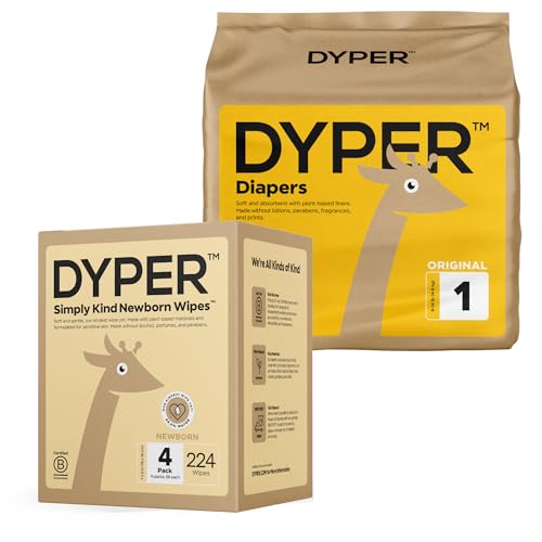 DYPER Size 1 Bamboo Diapers - Soft, Absorbent, Hypoallergenic - 36 Count & 224 Wipes