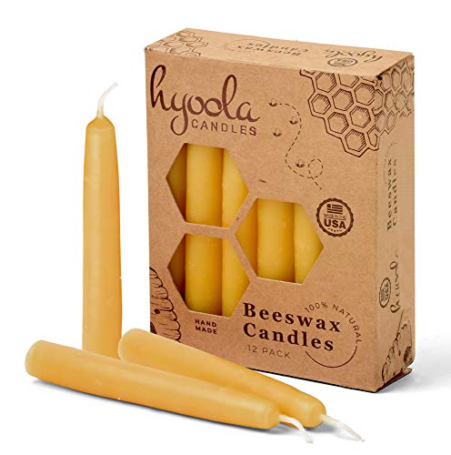 Hyoola Beeswax Candle Pack - Natural, Non-Toxic, Dripless Design, Yellow - 12 Pack, 4" Tall