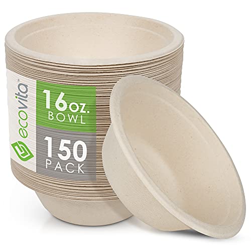 Ecovita Compostable Bowls - BPI Certified, PFAS-Free, Liquid Resistant, 16 oz - 150 Count