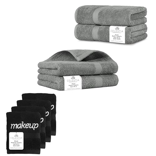 Premium 100% Cotton Towel Set - Soft, Highly Absorbent, Certified Safe - 8 Pack in Grey & Black