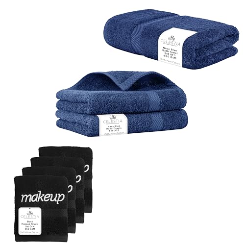 Plush 100% Cotton Towel Set - Highly Absorbent, Quick Dry, Chemical-Free - 7 Pack, Navy & Black