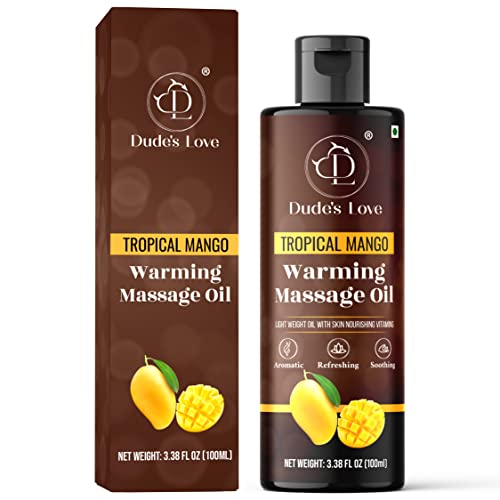 Dude's Love Organic Warming Massage Oil - Hydrating Tropical Mango, Non-Sticky - 3.38 Fl Oz