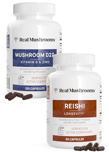 Real Mushrooms Vitamin D2 & Zinc Bundle - Immune Support, Relaxation - Vegan, Organic - 120ct + 90ct