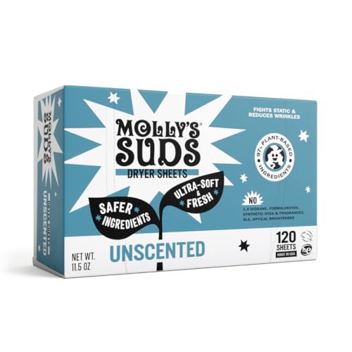 Molly's Suds Fabric Softener Dryer Sheets - Plant-Based, Sensitive Skin, Plastic-Free - 120 Sheets