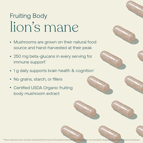 True Grace Lion's Mane Mushroom Supplement - Brain & Nerve Support, Organic - 120 Capsules