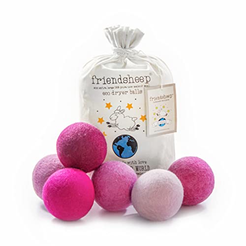 Friendsheep Wool Dryer Balls - Organic, Hypoallergenic, Reusable for 1000+ Loads - 6 XL Pink