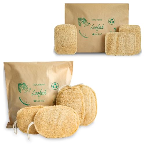 Natural Loofah Sponge Set - Exfoliating Body & Kitchen Sponges, Biodegradable, 7 Pack