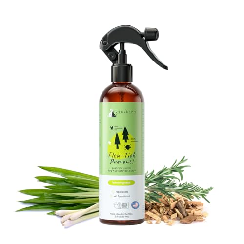 kin+kind Flea & Tick Spray for Dogs & Cats - Natural Lemongrass, Vet Approved - 12 fl oz