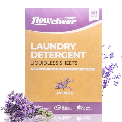 Flowcheer Laundry Detergent Sheets - Powerful Stain Removal, Plant-Based, Lavender Scent - 60 Loads