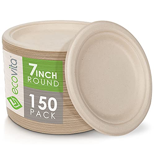 Ecovita Compostable Plates - 100% Tree-Free, Liquid & Heat Resistant, 150 Count - 7 Inch