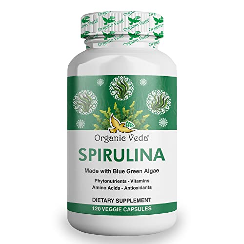 Organic Veda Spirulina Capsules - Boosts Immunity, Supports Gut Health, 120 Veggie Capsules