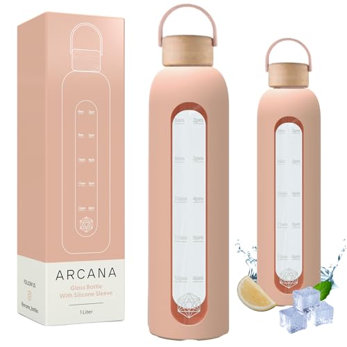 ARCANA Glass Water Bottle - Shatter-Proof, Time Markers, BPA-Free, 32oz, Dusty Rose Pink