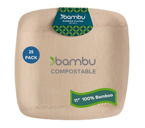 Bambu Disposable Bamboo Square Plates - Organic, Biodegradable, Heavy Duty, 11" - Pack of 25