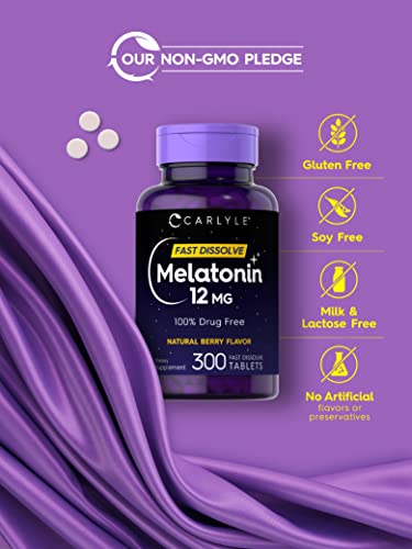 Carlyle Melatonin Sleep Supplement - Fast Dissolve 12mg, Natural Berry Flavor, 300 Tablets