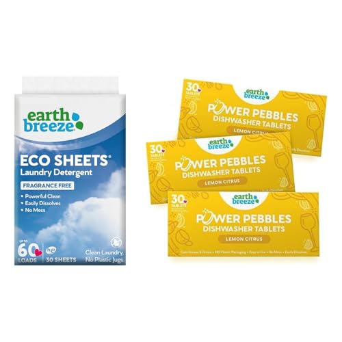 Earth Breeze Laundry Detergent Sheets & Power Pebbles - Fragrance-Free, Space-Saving - 60 Loads