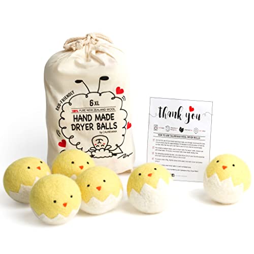 Calindiana Organic Wool Dryer Balls - Natural Softening, Anti-Static, 6 XL Yellow Chick Set