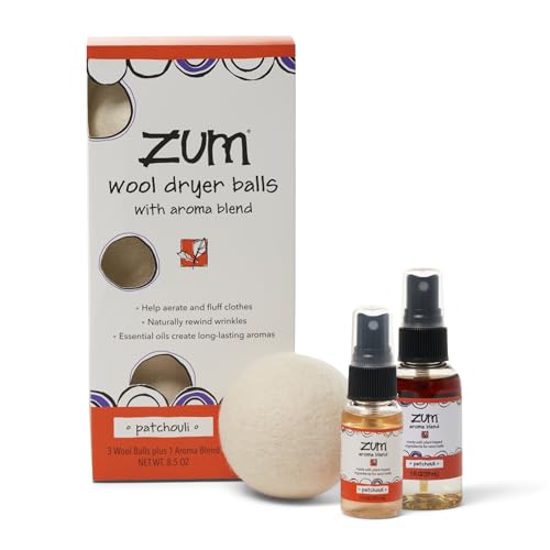 Indigo Wild Zum Wool Dryer Balls Kit - Natural Aromatherapy, Patchouli Scent - 3 Balls & Spray