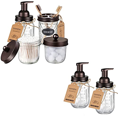 Bronze Mason Jar Bathroom Accessories Set - Durable Soap Dispenser, Q-tip & Toothbrush Holder - 6pcs