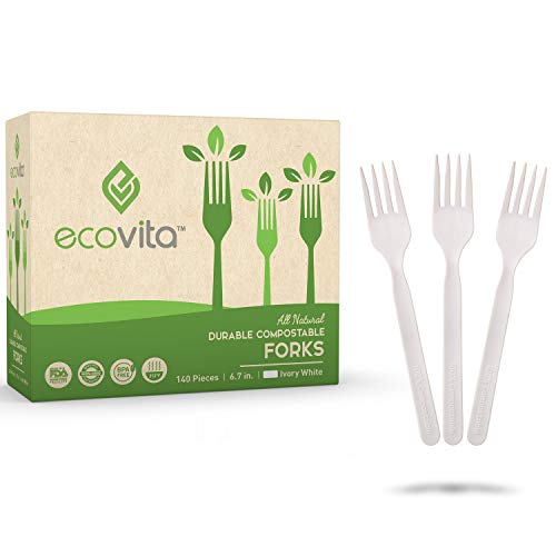 Ecovita Compostable Forks - Durable, Heat-Resistant Cutlery, 140 Count, 7 in. with Tray