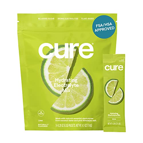 Cure Hydration Electrolyte Drink Mix - Natural Coconut Water, No Added Sugar - 14 Packets, Lime