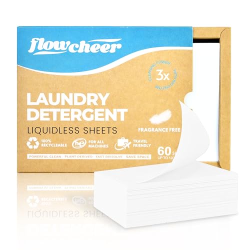 Flowcheer Laundry Detergent Sheets - Powerful Bio-Enzyme Stain Removal, Fragrance-Free - 60 Sheets