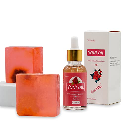 Yoni Soap Bars & Natural Oil Set - PH Balanced, Nourishing Cleanser, Rose Essence - 3 Pieces