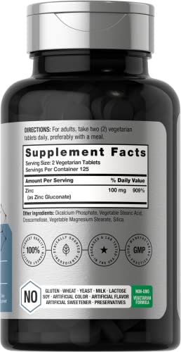 Zinc Supplement | 100mg, 250 Tablets, High Potency, Vegetarian, Non-GMO, Gluten Free