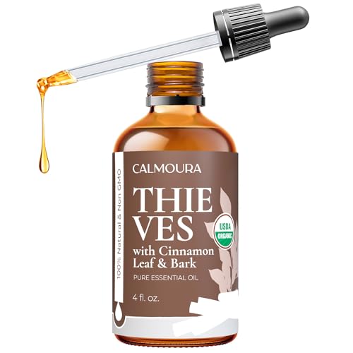 Calmoura Organic Thieves Oil - Boost Wellbeing, USDA Certified, 4 oz Blend of Clove, Cinnamon, Lemon