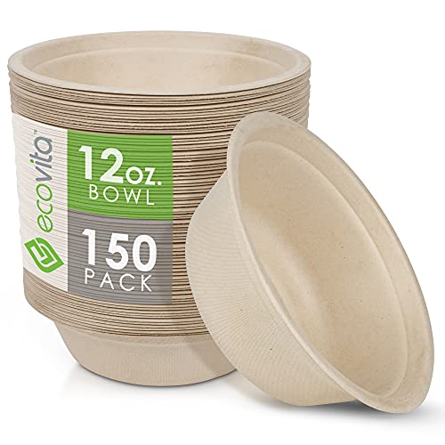 Ecovita Compostable Paper Bowls - BPI Certified, Heat & Liquid Resistant, Tree Free - 150 Count