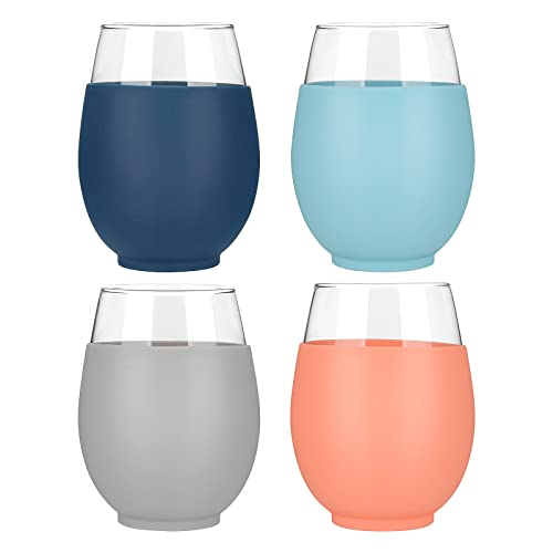 Tronco 20oz Stemless Wine Glasses - BPA-Free, Durable, Non-Slip Silicone Sleeves - Set of 4