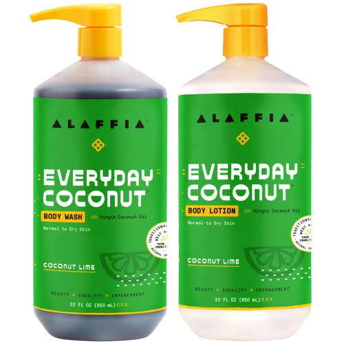 Alaffia Coconut Body Wash & Lotion - Hydrating, Fair Trade Ingredients, Coconut Lime - 32 Fl Oz Each