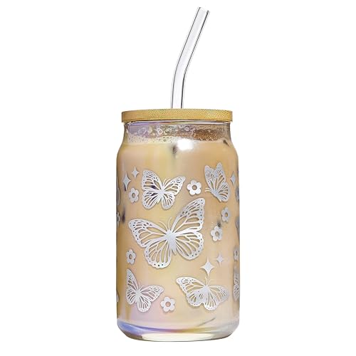 Sheffield Home Tumbler - Elegant Glass Sipper with BPA-Free Straw, 16oz, Light Pink Butterflies