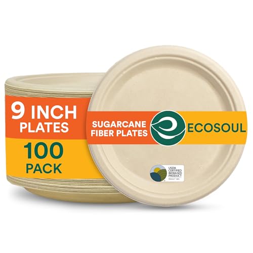 ECO SOUL Bagasse Paper Plates - 100% Compostable, Heavy-Duty, Oven Safe - 9" Round, 100 Count