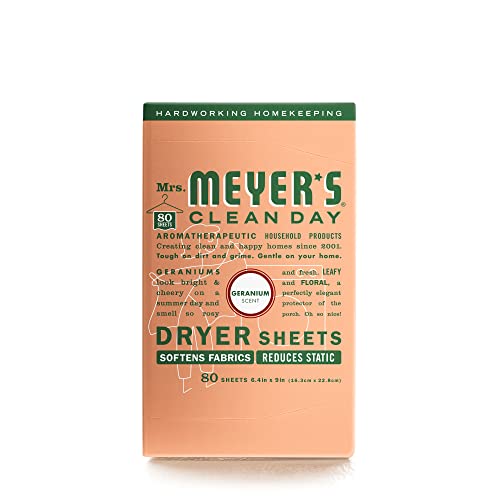 Mrs. Meyer's Fabric Softener Dryer Sheets - Reduces Static, Plant-Derived, Geranium Scent - 80 Count