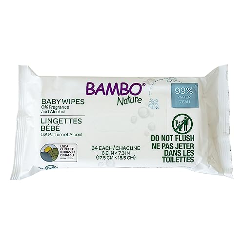 Bambo Nature Baby Wipes - 99% Water, Aloe Moisturizes, USDA Certified Biobased - 64 Count