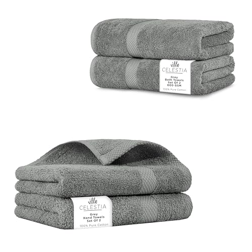 Plush 100% Cotton Towel Set - Highly Absorbent, Quick Dry, OEKO-TEX Certified - Pack of 4 Grey