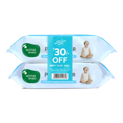 Mother Sparsh Baby Wipes - 99% Pure Water, Prevents Diaper Rashes, 72 Thick Wipes, Pack of 2