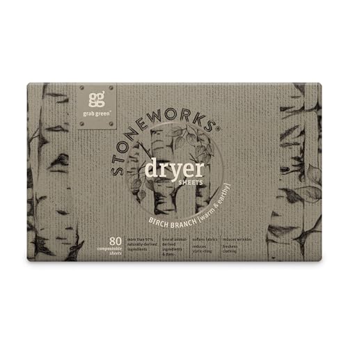 Grab Green Stoneworks Dryer Sheets - Softens Fabrics, Reduces Static, Birch Branch Scent - 80 Sheets