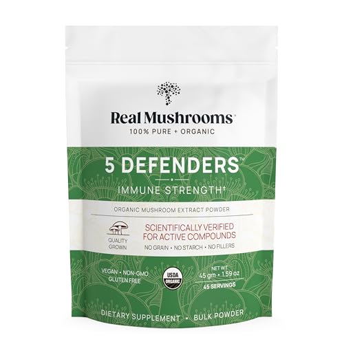 Real Mushrooms 5 Defenders Powder - Organic Mushroom Extract, Vegan, Non-GMO - 45 Servings