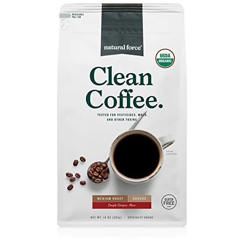 Natural Force Organic Clean Coffee - Mold & Mycotoxin Free, Low Acidity, Ground Medium Roast - 10oz